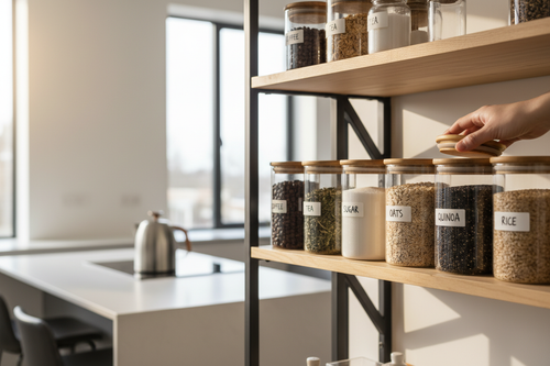 Glass canisters organized in modern kitchen pantry